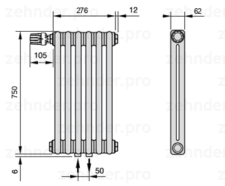 Схема (чертеж) Радиатор Zehnder Charleston 2075/6 №V007 Белый глянцевый RAL 9016